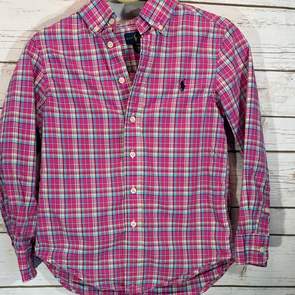 Ralph Lauren Long Sleeve Shirt Pink Plaid Button Down Oxford Boys Size 8 EUC